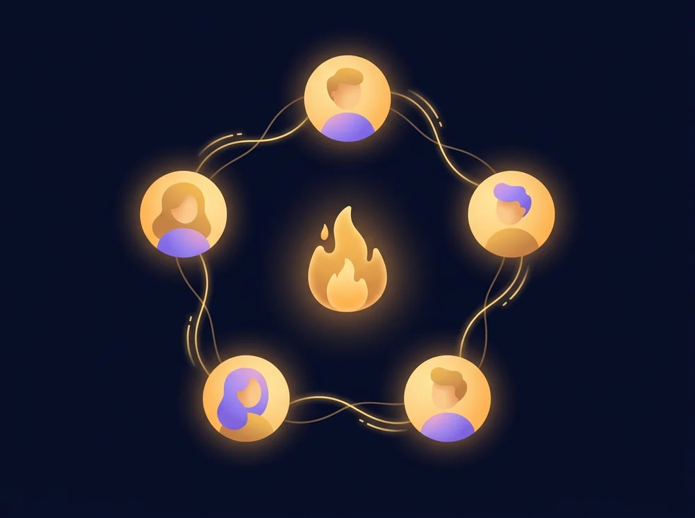 Five small glowing portraits in a ring around a single flame