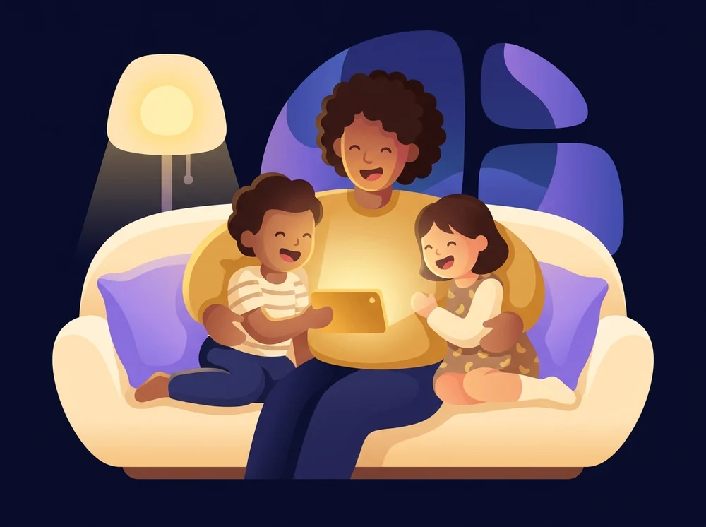 A parent and two children laughing around a glowing phone