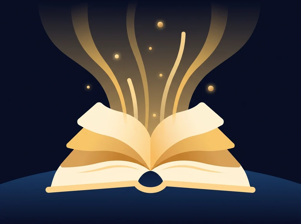 An open book with golden light rising from its pages