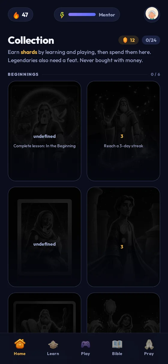 A collection of character cards, most still locked