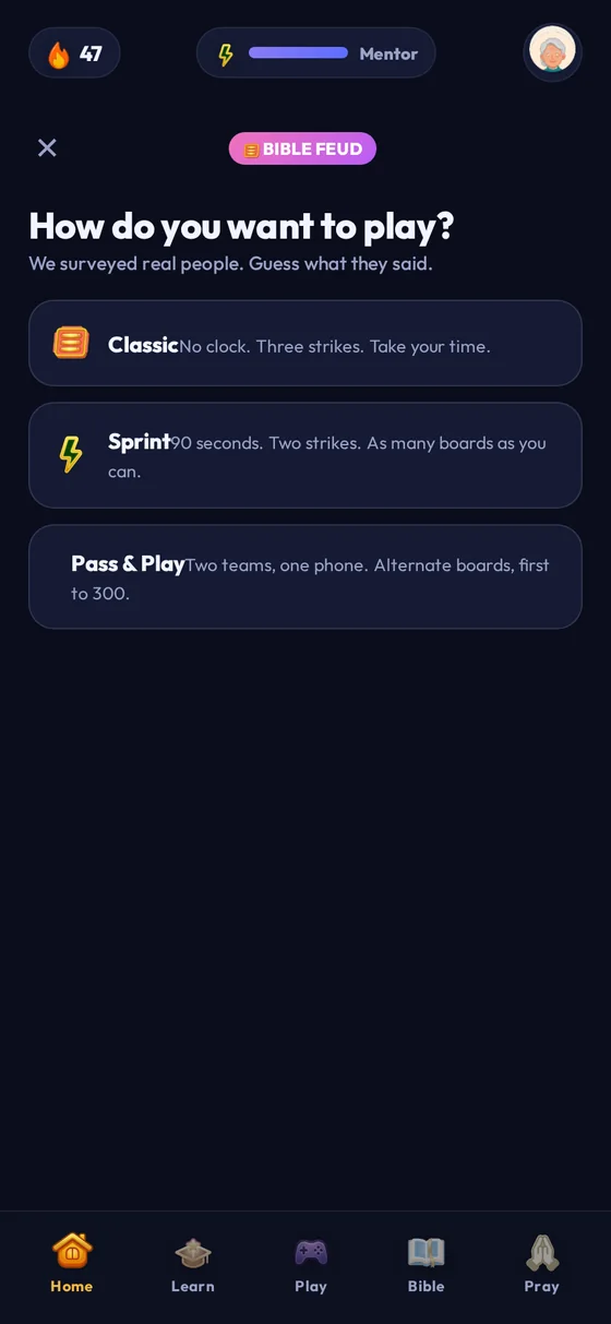 Bible Feud mode picker: Classic, Sprint, Pass and Play