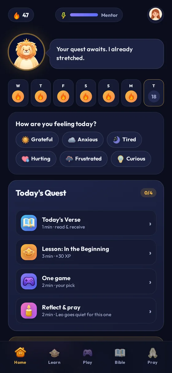 The KingLio home screen showing a 47 day streak and today's four-step quest