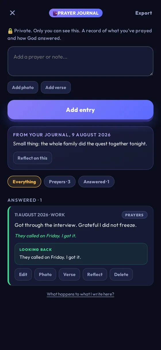 The prayer journal, showing three entries, one marked answered
