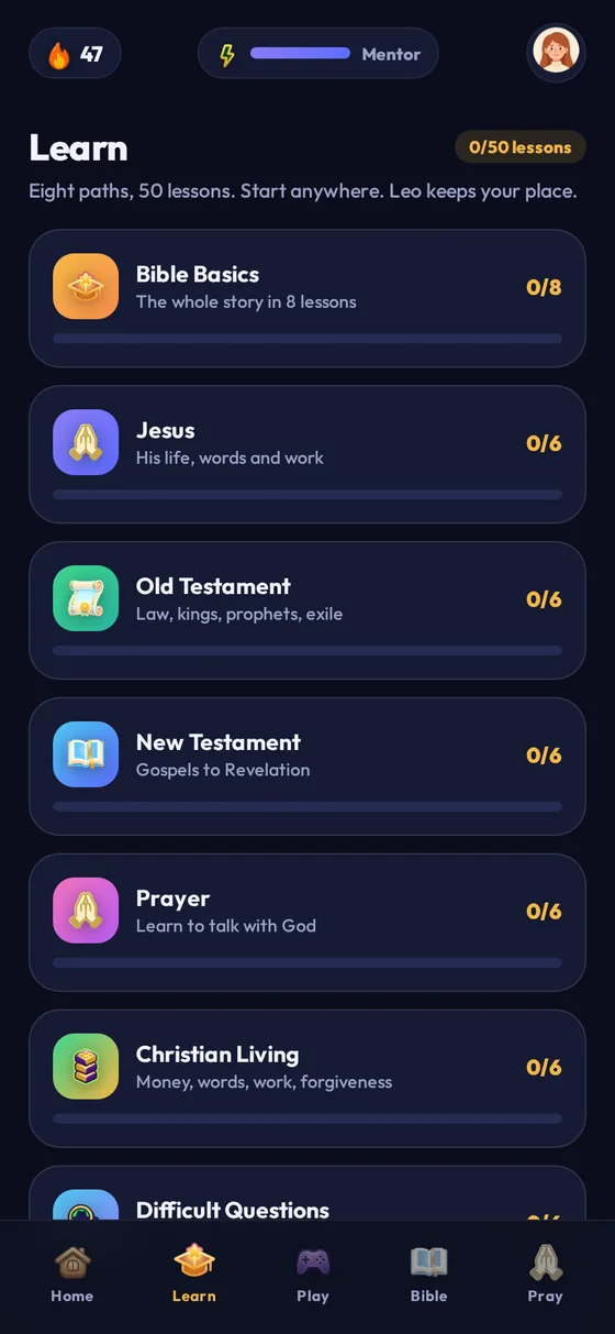 Eight learning paths from Bible Basics to Difficult Questions