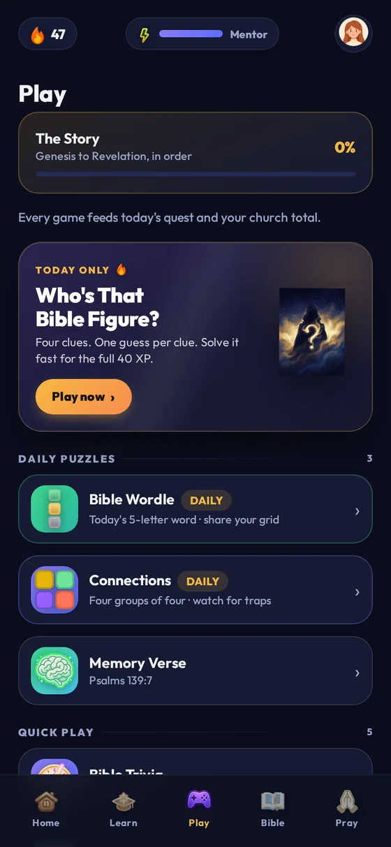 The Play tab with daily puzzles including Bible Wordle and Connections